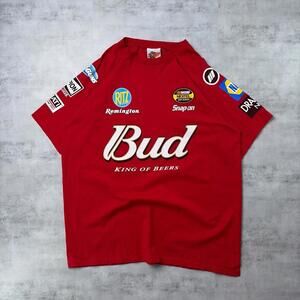 Nascar Bud Racing Logo Tee in Red with Multicolor Patches